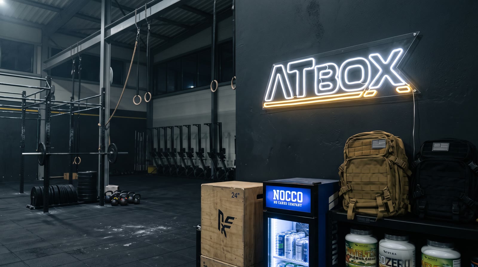 Simulación de rótulo de neón de Atbox en el box